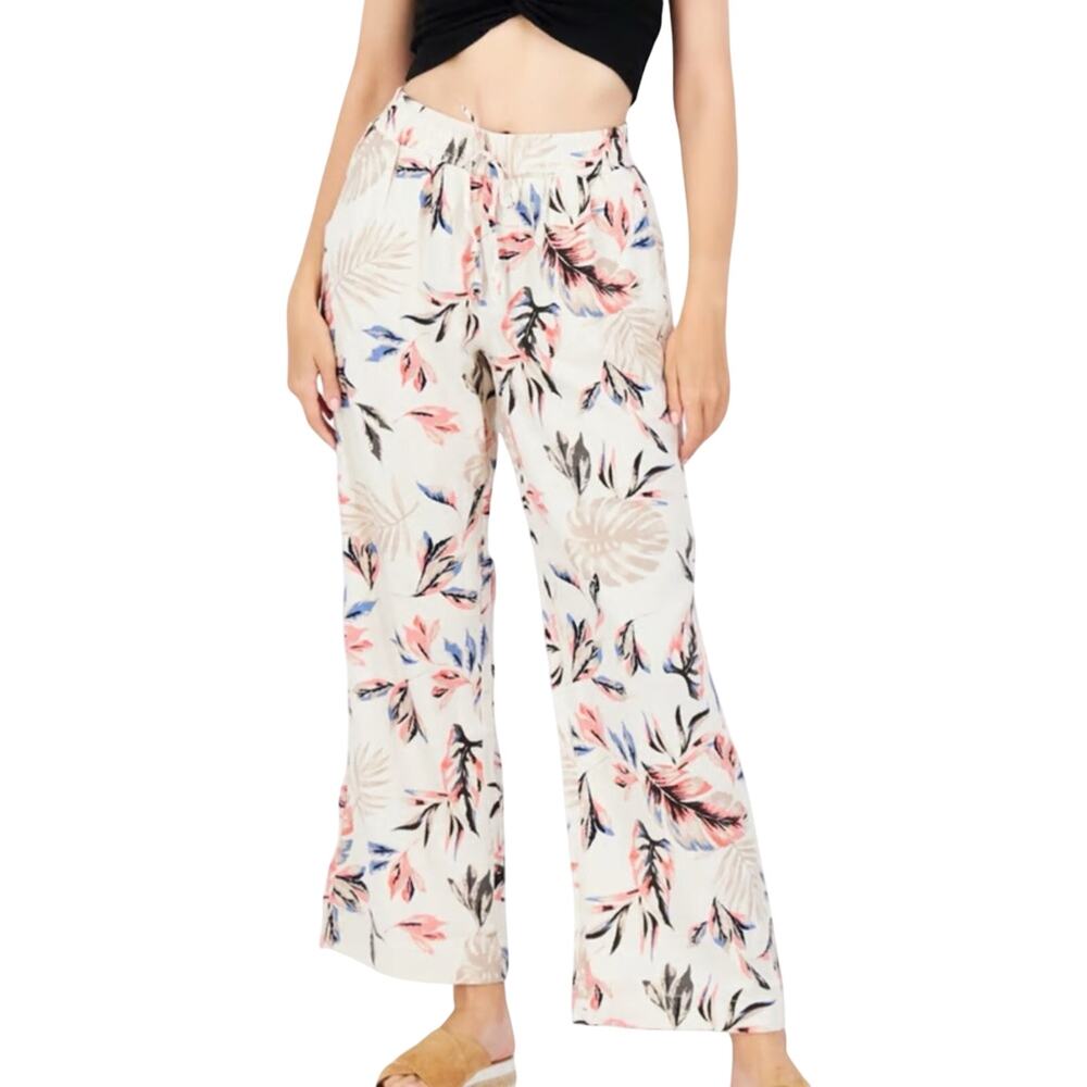 Briggs NWT Linen Blend Drawstring Wide Leg Pant L Tan Floral Lounge Resort Beach
